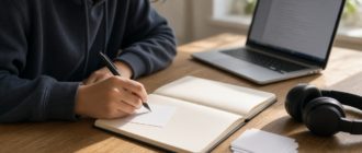 Студент готовит карточки и конспект у ноутбука