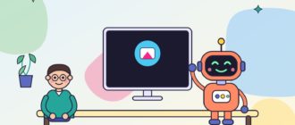 Робот у ноутбука с абстрактной иконкой студии на экране, человек указывает на монитор, яркая комната, без логотипов и читаемого текста