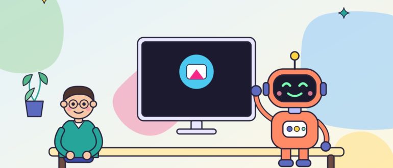 Робот у ноутбука с абстрактной иконкой студии на экране, человек указывает на монитор, яркая комната, без логотипов и читаемого текста