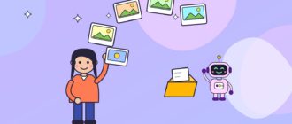 Девушка показывает роботу фотографию, вокруг них в воздухе парят цветные карточки-снимки, рядом раскрытая жёлтая папка с листом