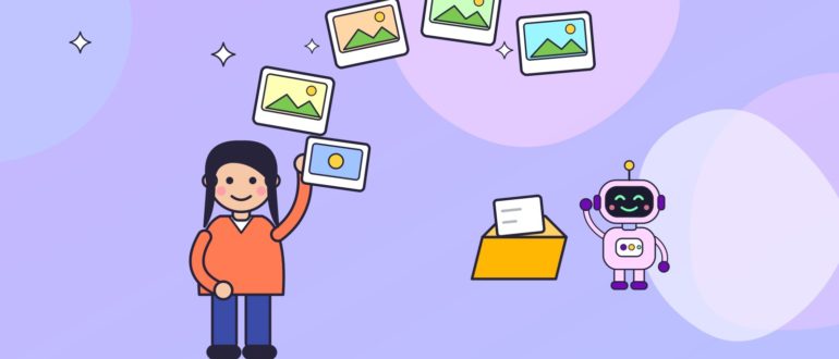 Девушка показывает роботу фотографию, вокруг них в воздухе парят цветные карточки-снимки, рядом раскрытая жёлтая папка с листом