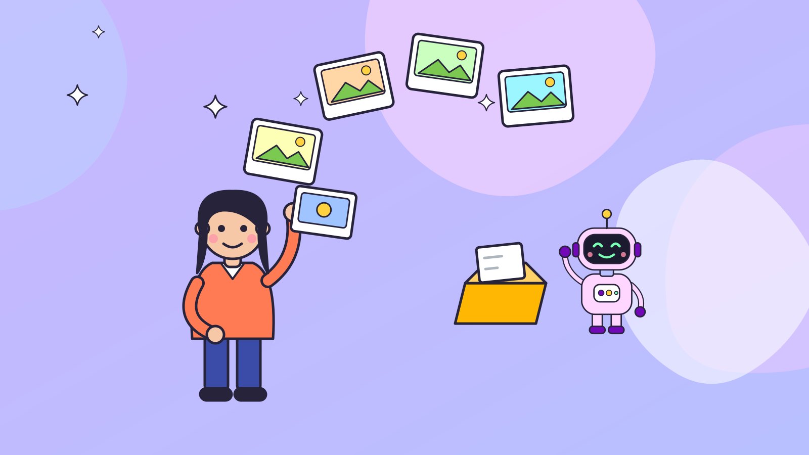 Девушка показывает роботу фотографию, вокруг них в воздухе парят цветные карточки-снимки, рядом раскрытая жёлтая папка с листом